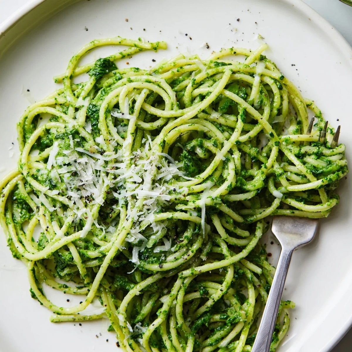 Steaming bowl of wild garlic pesto pasta garnished with cracked black pepper