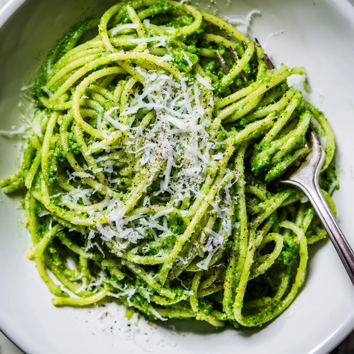 Wild garlic pesto pasta tossed with fragrant herbs, pine nuts, and parmesan
