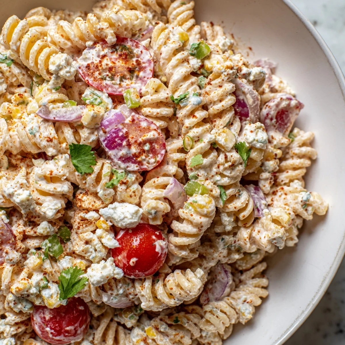 Smoky grilled corn and vibrant tomatoes shine in this elote street corn pasta salad