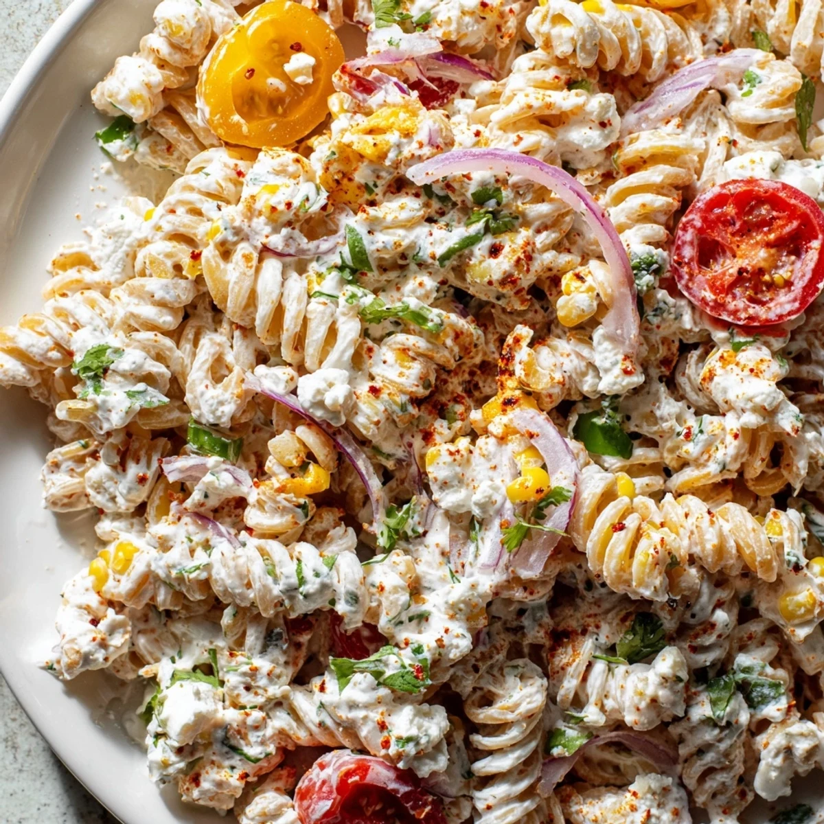 Creamy elote street corn pasta salad topped with crumbled cotija cheese and fresh cilantro