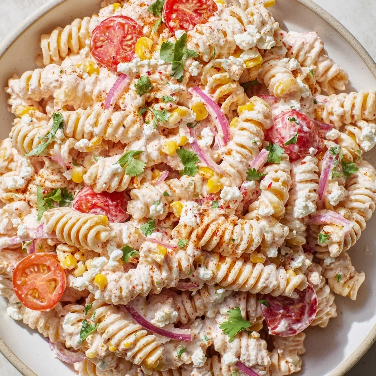 Tangy lime drizzled over a chilled bowl of elote street corn pasta salad with jalapeño