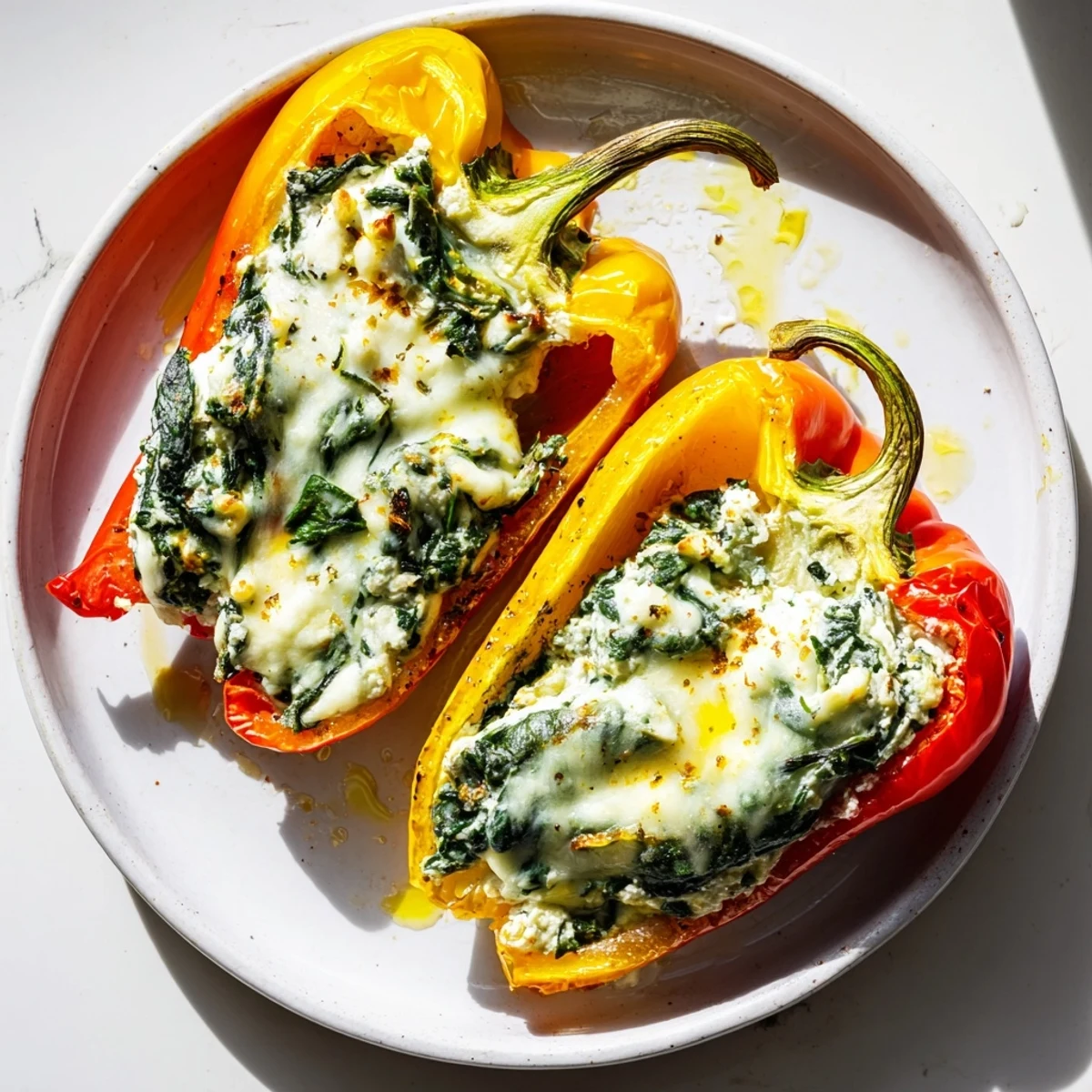Golden baked ricotta stuffed peppers with bubbling mozzarella and fresh herbs on a rustic dish