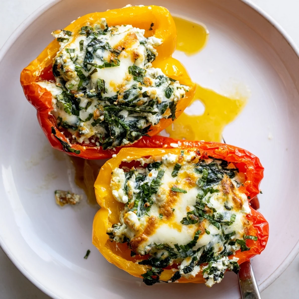 Creamy herb-filled ricotta stuffed peppers roasted until tender and topped with melted cheese