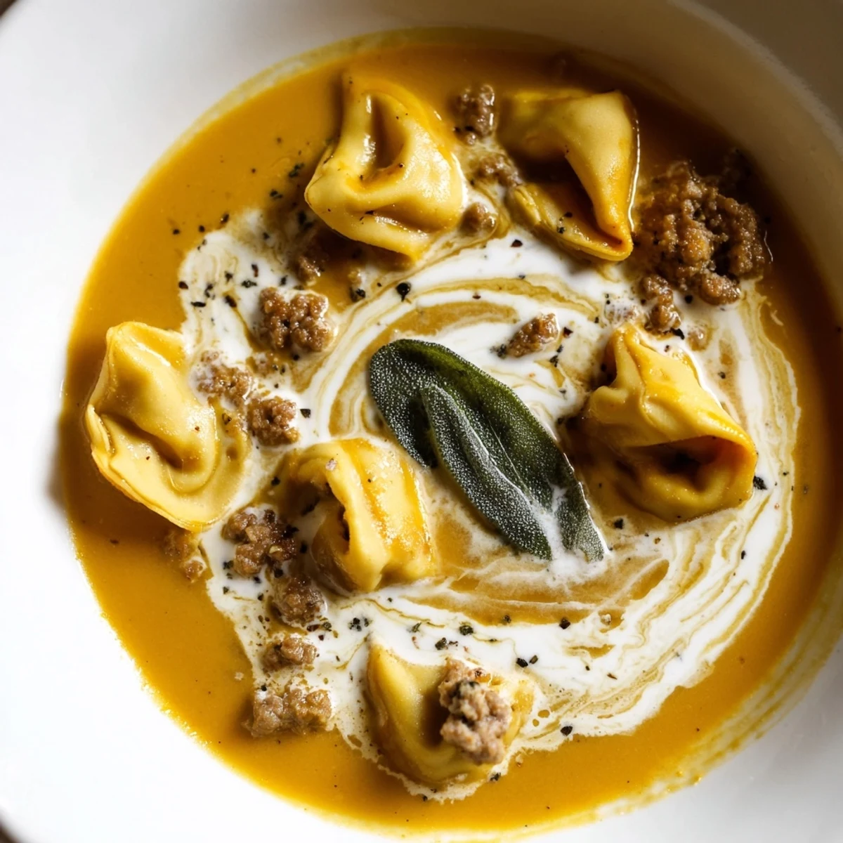 Creamy butternut squash sausage tortellini soup ladled into a rustic bowl with melted cheese swirl