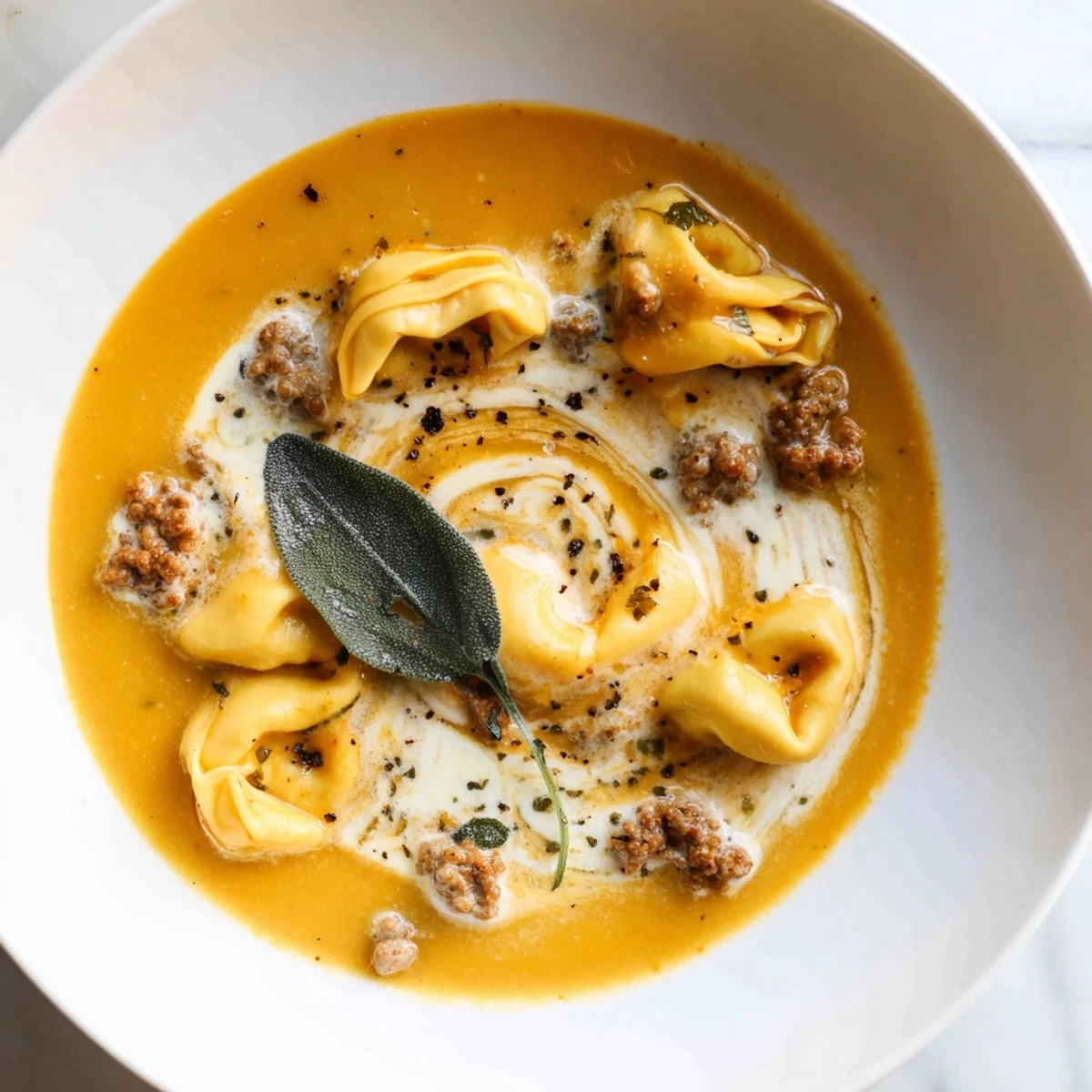 Golden butternut squash sausage tortellini soup topped with a velvety sage cheese swirl garnish