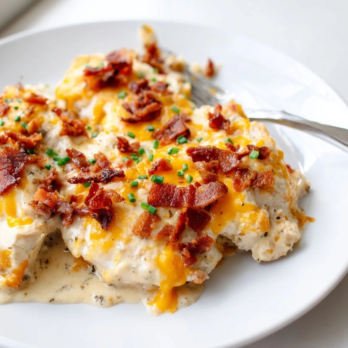 Golden baked crack chicken with bubbling cheddar and crispy bacon fresh from the oven.