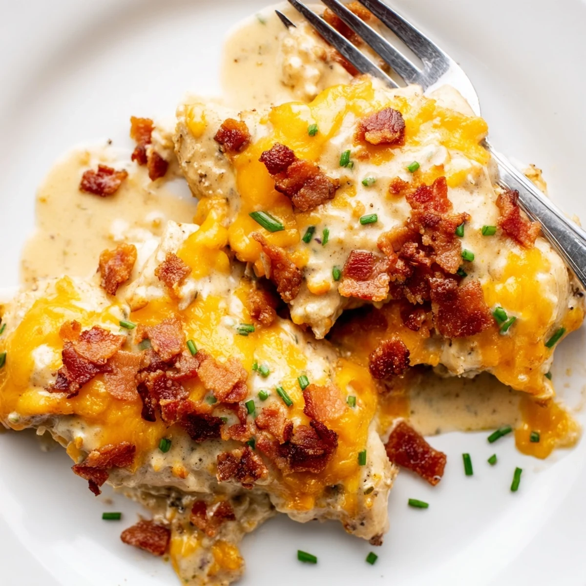 Creamy baked crack chicken topped with crumbled bacon and melted cheese on a rustic plate.