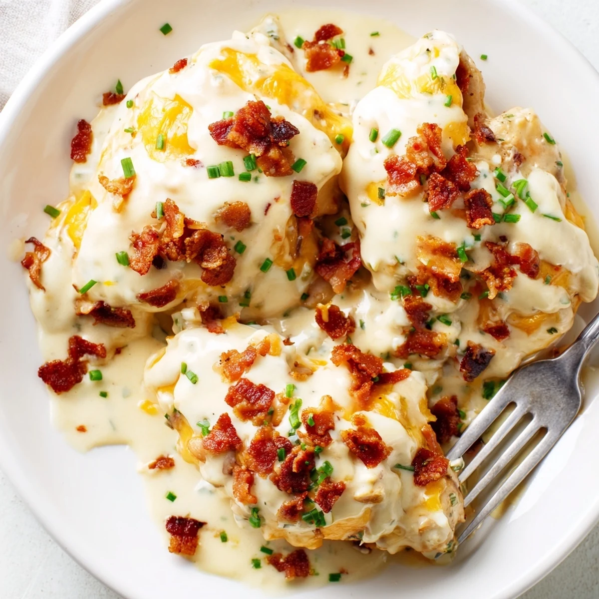 Juicy baked crack chicken smothered in ranch cream cheese sauce sprinkled with fresh green chives.