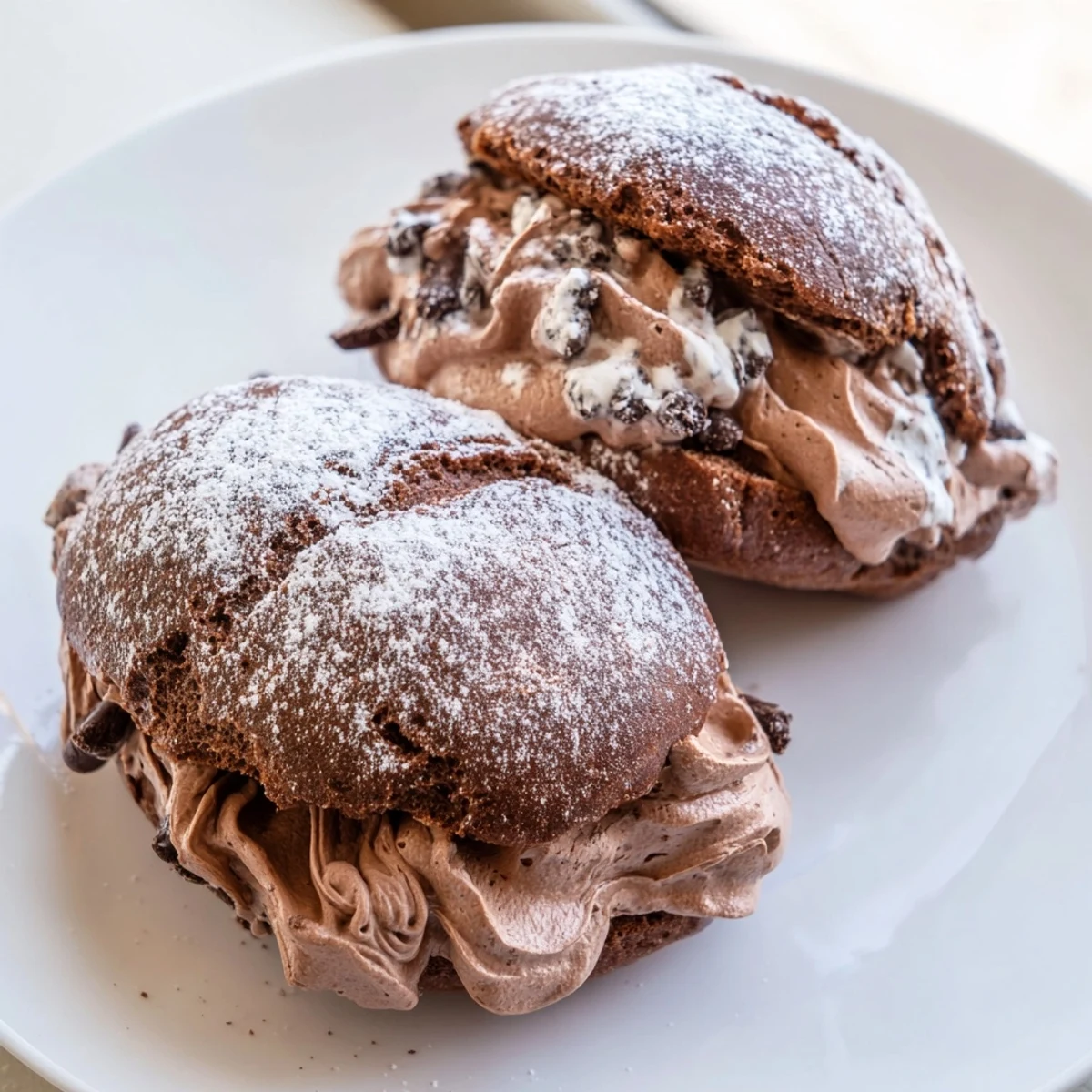 Soft cocoa Italian Chocolate Maritozzi fresh from the oven with glossy egg-washed tops and powdered sugar dusting