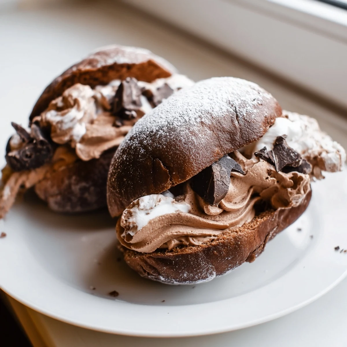 Golden Italian Chocolate Maritozzi buns sliced open and generously filled with rich chocolate whipped cream