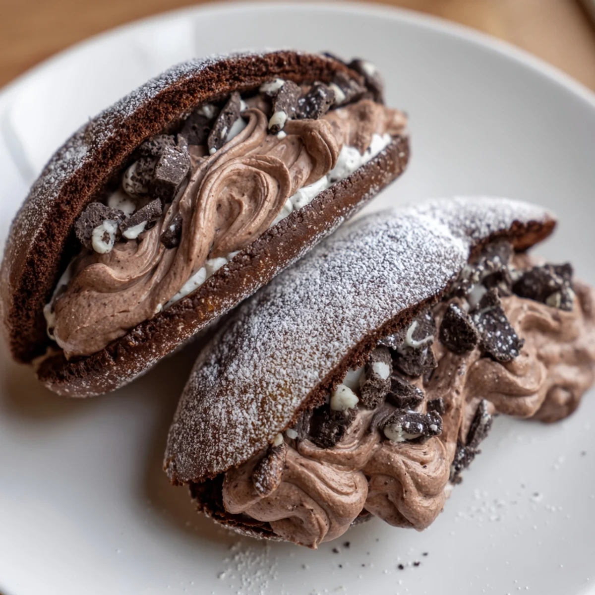 Creamy dark chocolate filling overflowing from split Italian Chocolate Maritozzi buns on a rustic parchment-lined tray