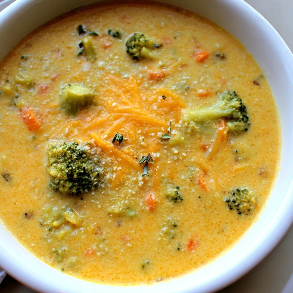 Thick slow cooker broccoli cheese soup topped with melted sharp cheddar shreds