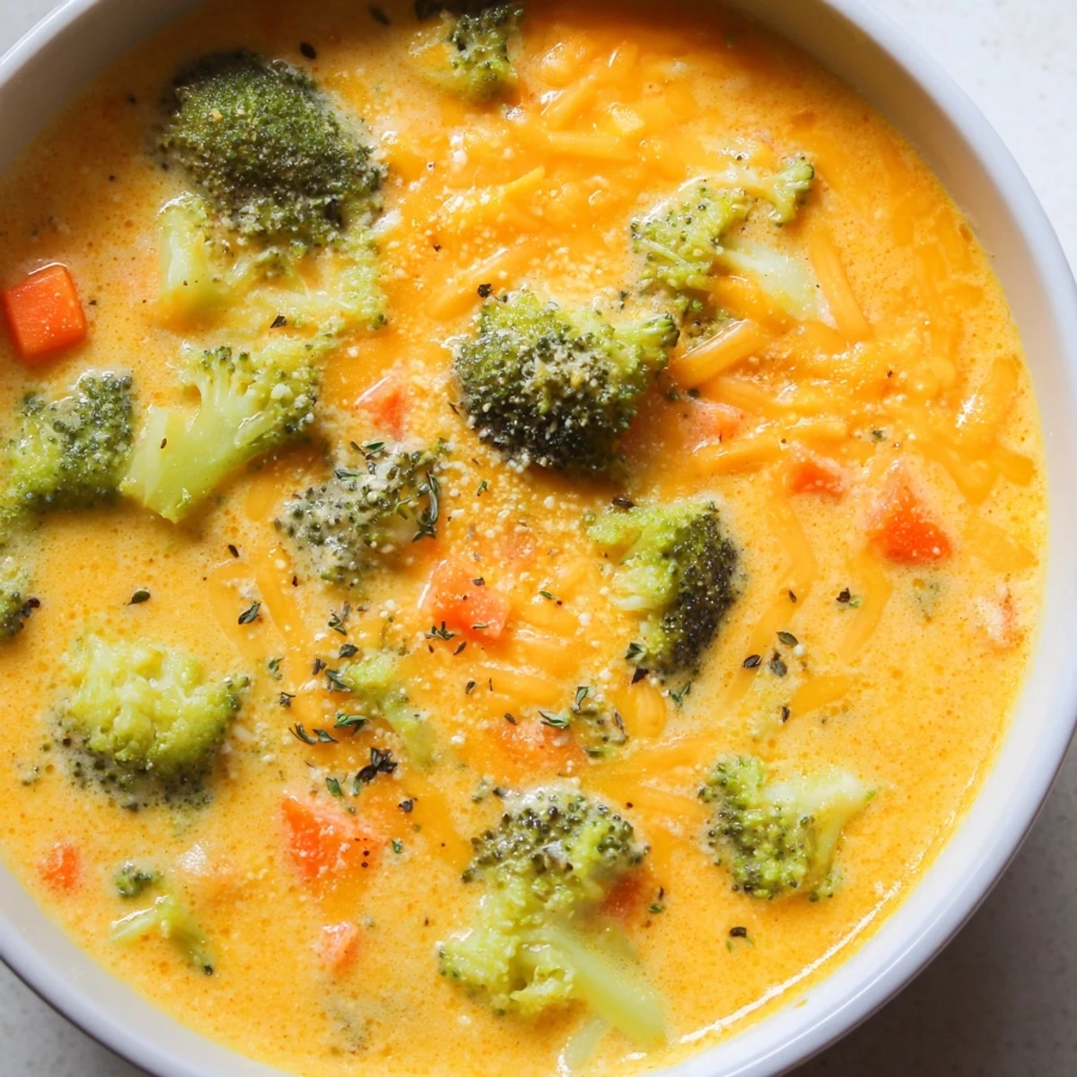 Creamy slow cooker broccoli cheese soup ladled into a rustic bread bowl