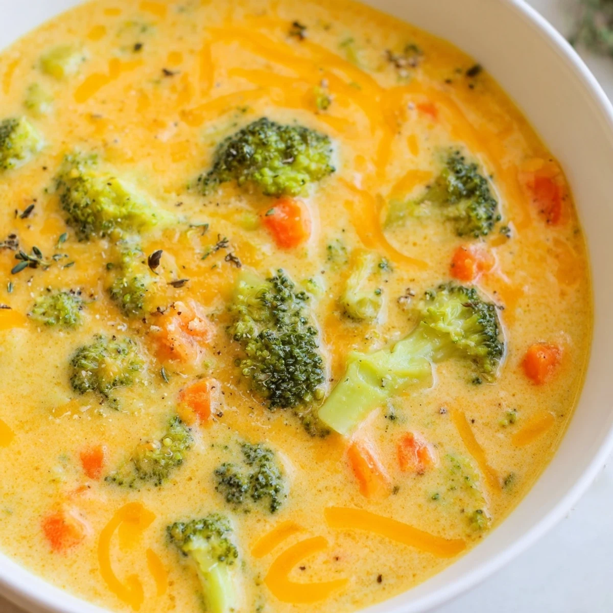 Steaming bowl of slow cooker broccoli cheese soup with tender vibrant broccoli florets