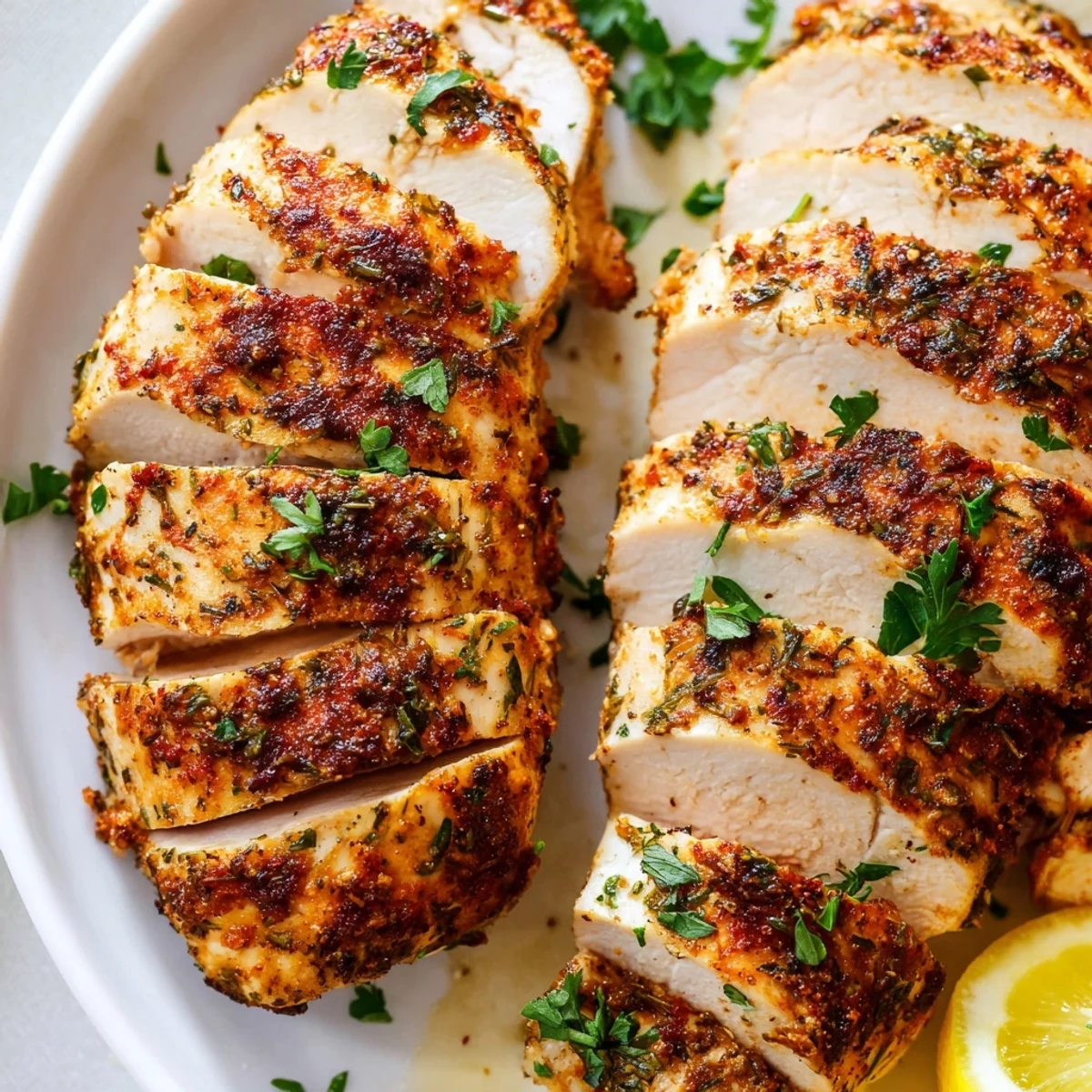 Golden oven baked chicken breasts with herbs and paprika on a parchment-lined sheet