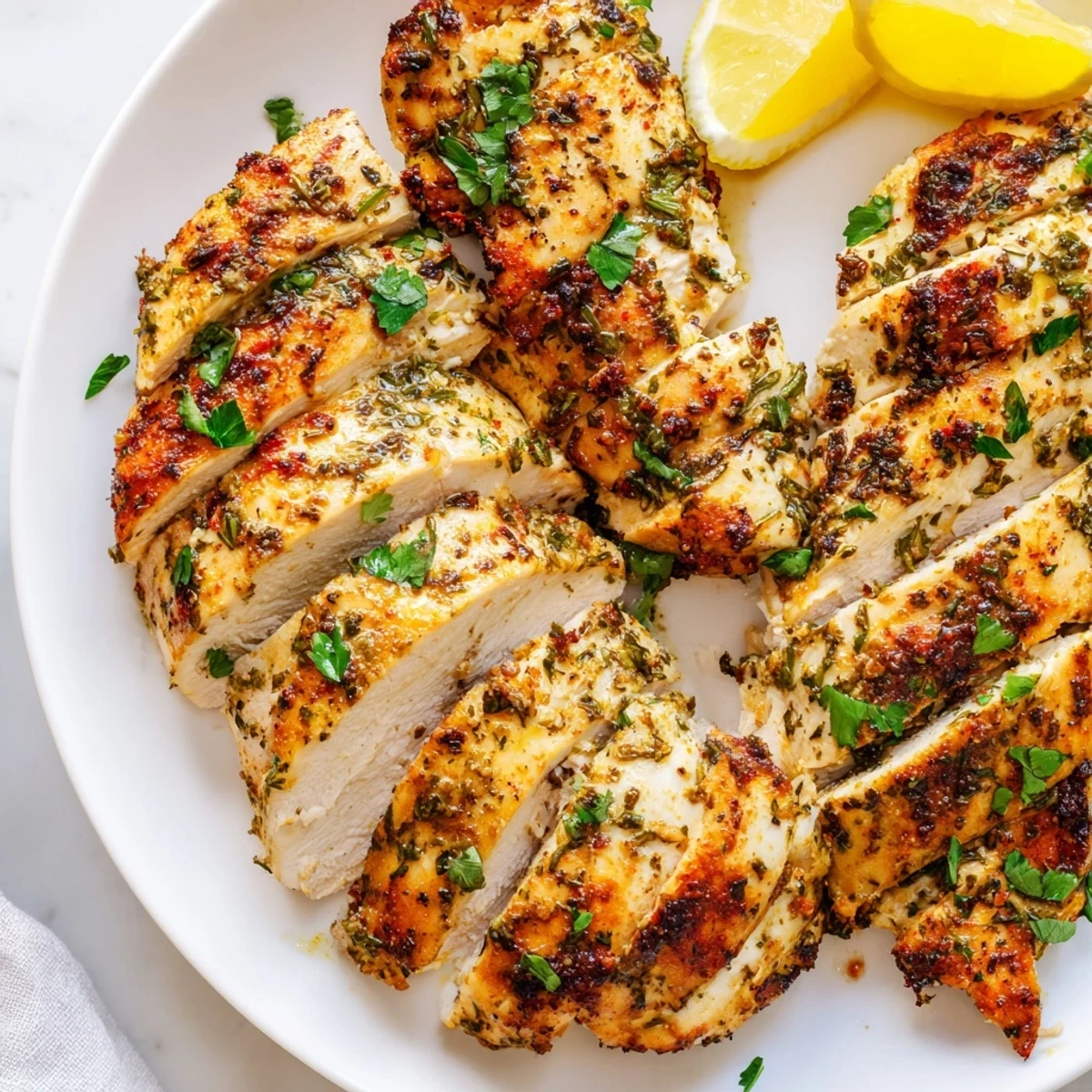 Sliced oven baked chicken breasts garnished with fresh parsley and lemon wedges