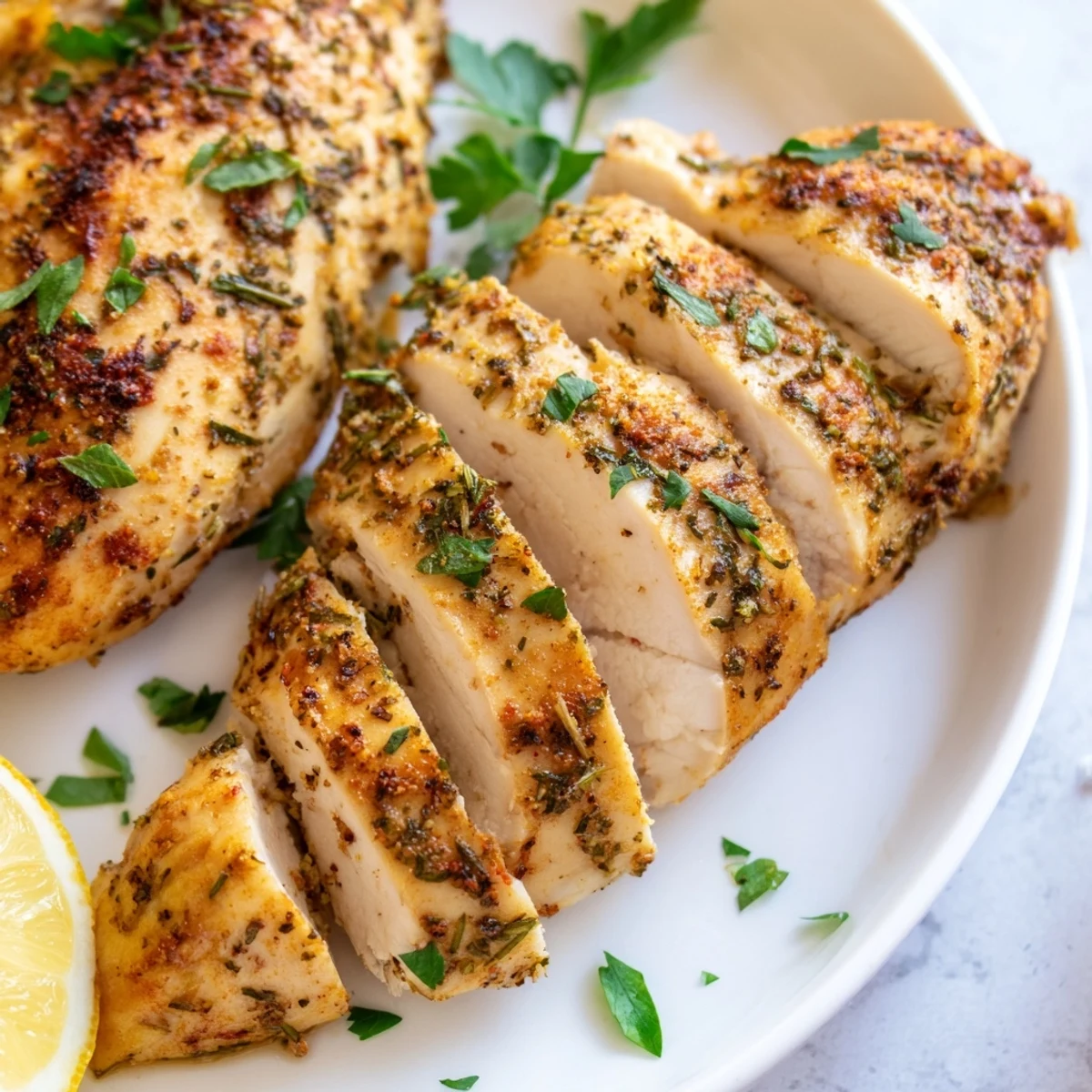 Juicy oven baked chicken breasts seasoned with garlic and Italian herbs plated beautifully