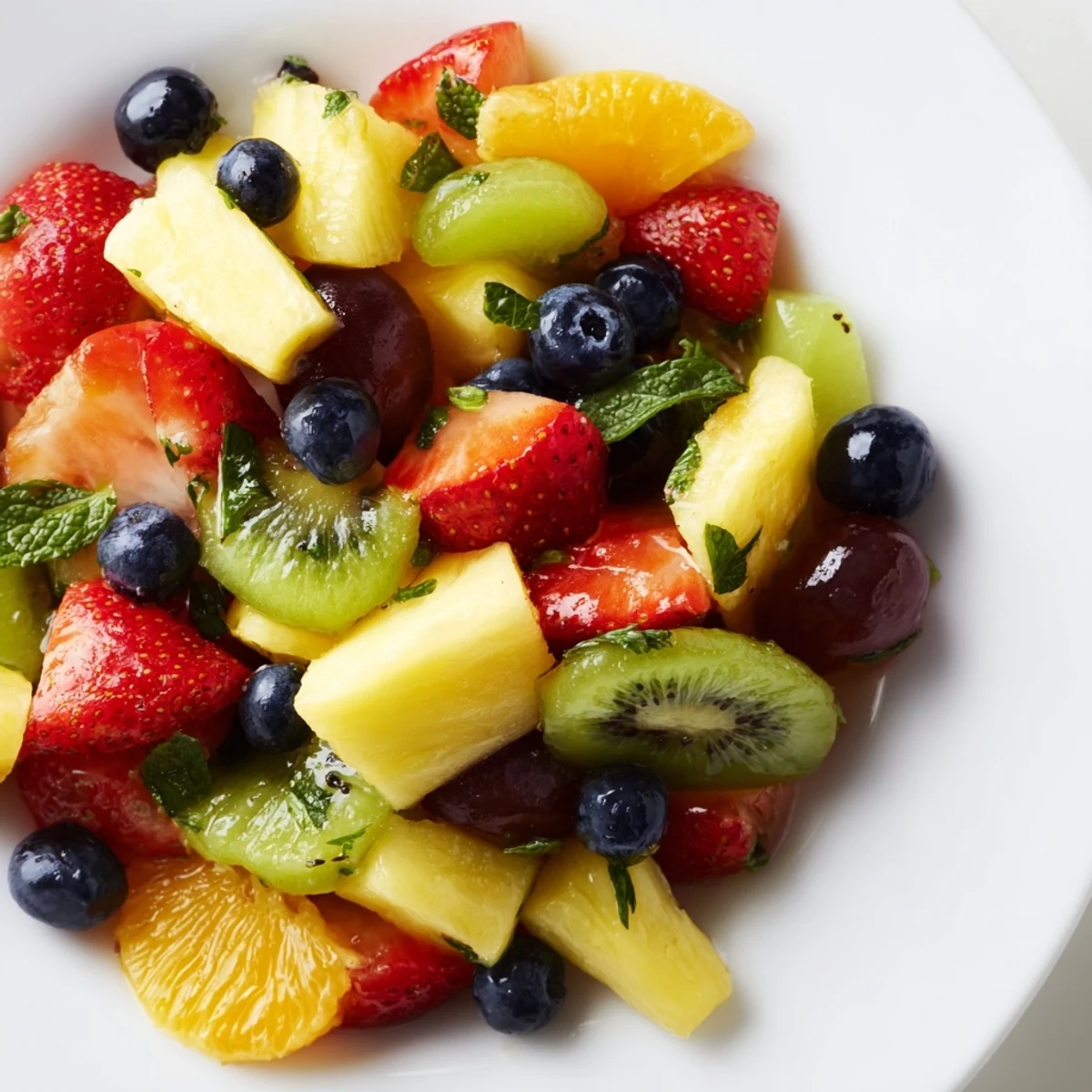 Colorful fruit bowl overflowing with fresh strawberries, blueberries, and ripe kiwi slices