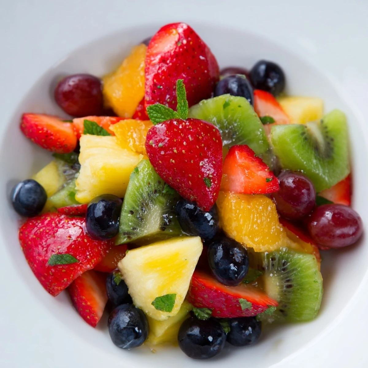 Bright seasonal fruit bowl featuring juicy pineapple, grapes, and orange segments beautifully arranged