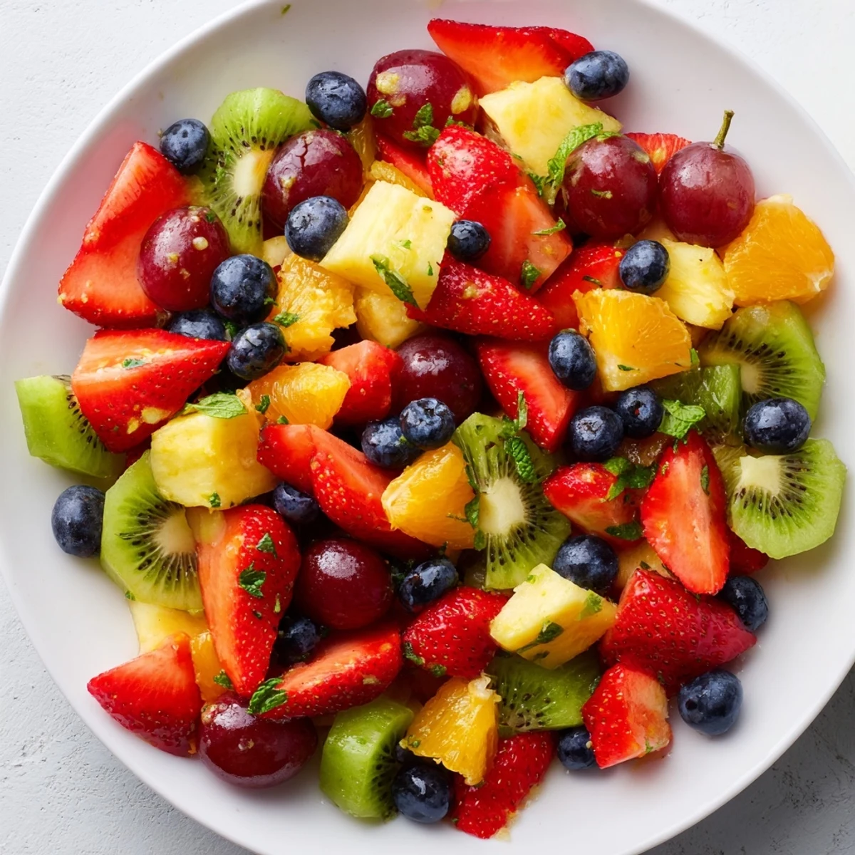 Refreshing fruit bowl drizzled with honey and mint served in a rustic dish