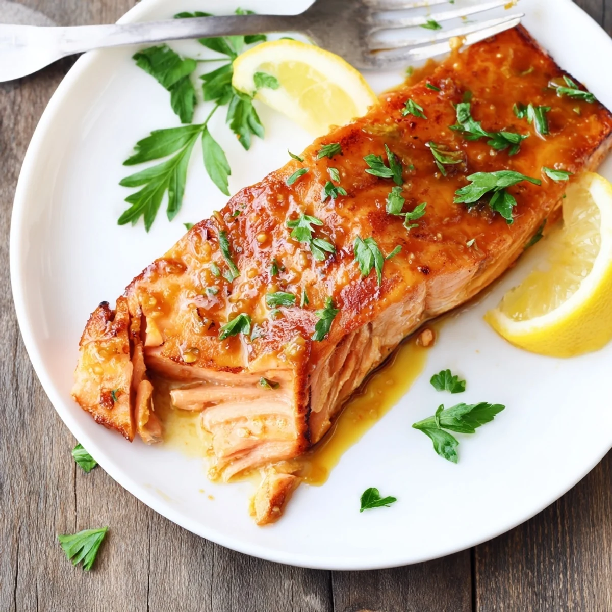 Golden baked honey mustard salmon glazed and garnished with fresh parsley