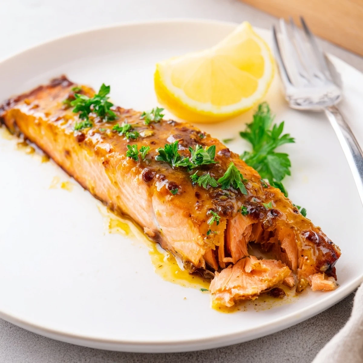 Tender baked honey mustard salmon topped with lemon wedges on a white dinner plate