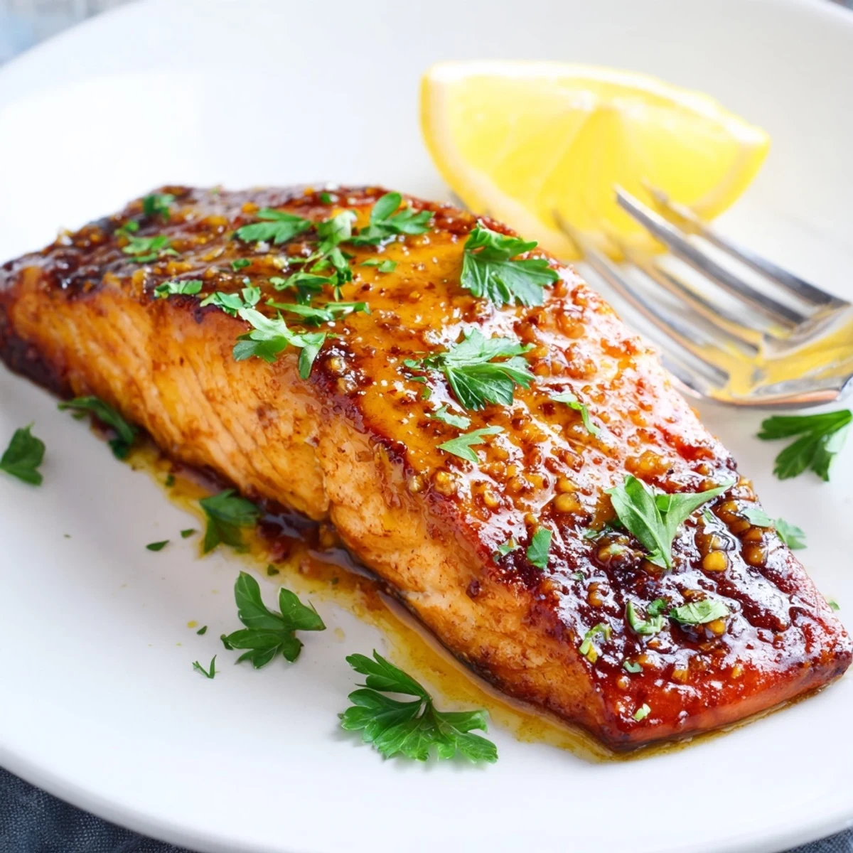 Juicy baked honey mustard salmon fillet with a caramelized sweet crust on a parchment-lined tray