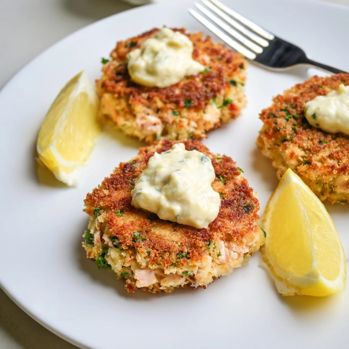Golden crispy lemon garlic Alaska salmon cakes drizzled with creamy aioli on a rustic plate