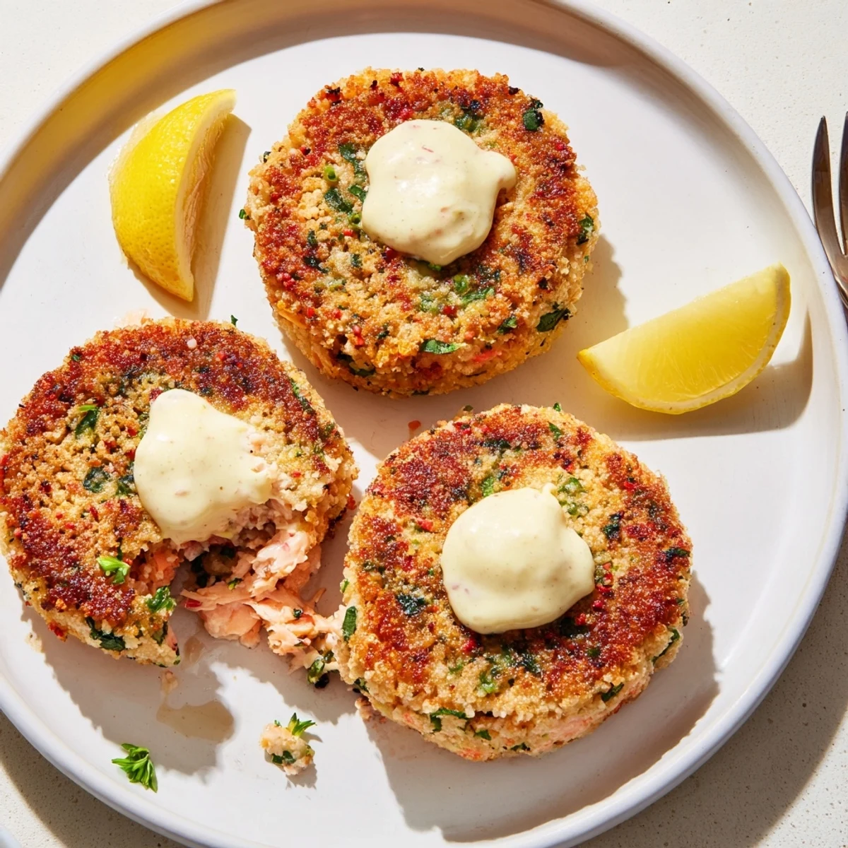 Pan-fried lemon garlic Alaska salmon cakes served with tangy lemon aioli and fresh parsley garnish