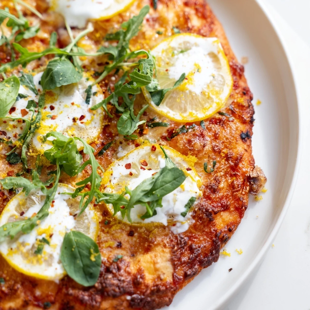 Crispy Zesty Summer Lemon Pizza with bubbling cheese and fresh arugula on a wooden board