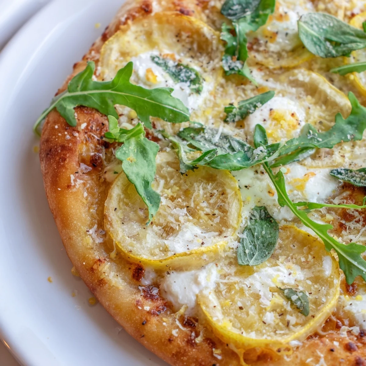Vibrant Zesty Summer Lemon Pizza garnished with peppery arugula, lemon zest, and melted Parmesan