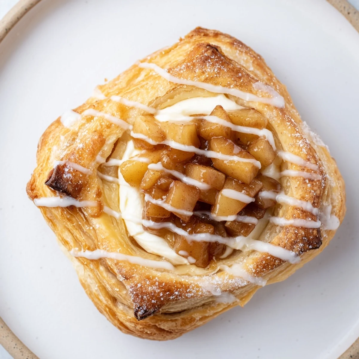 Warm Apple Cheese Danishes drizzled with sweet icing on a rustic baking tray