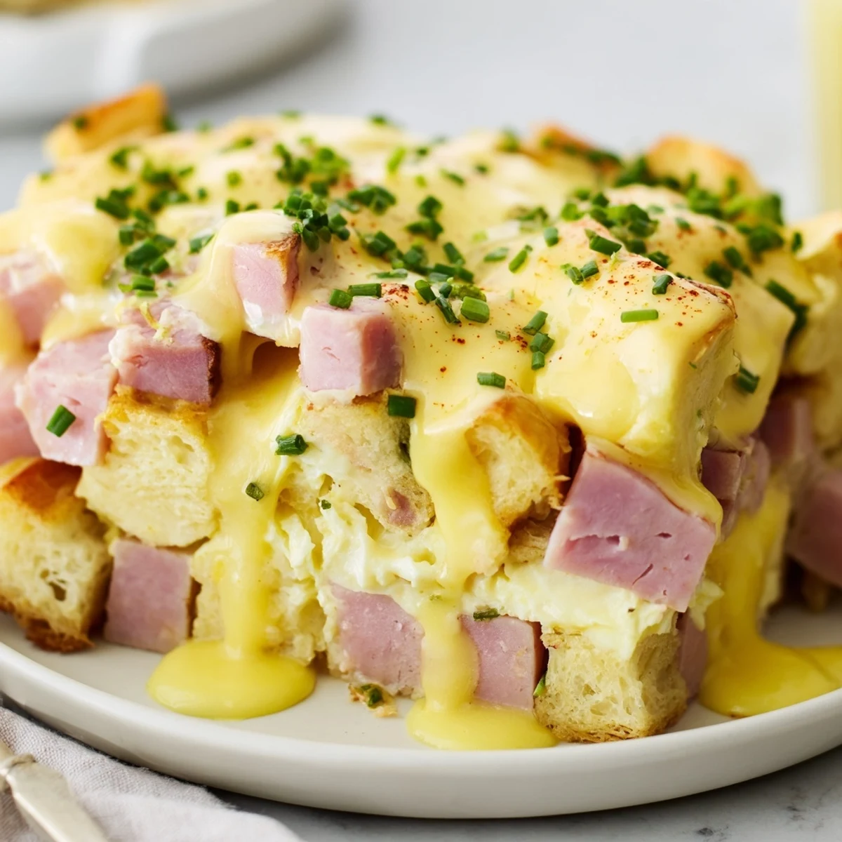 Golden Eggs Benedict Casserole drizzled with creamy hollandaise and garnished with fresh chives