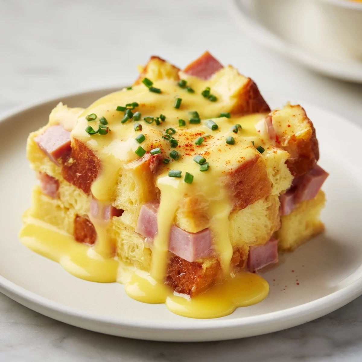 Bubbling Eggs Benedict Casserole with layers of toasted English muffins and savory Canadian bacon
