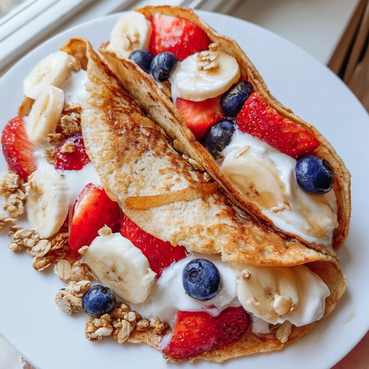 Golden fluffy pancake tacos filled with fresh strawberries and drizzled maple syrup
