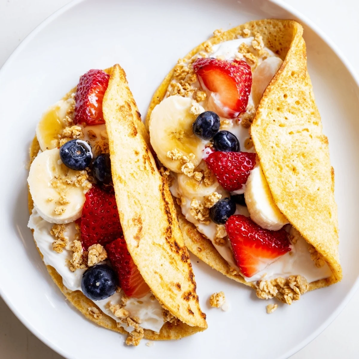 Soft pancake tacos piled with scrambled eggs and crumbled bacon on a plate
