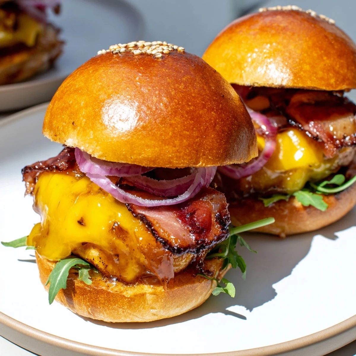 Juicy maple chicken bacon sliders drizzled with sweet sticky glaze ready for a party