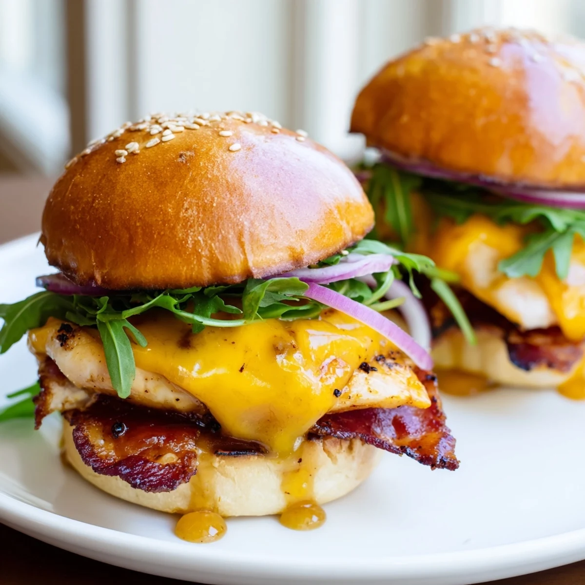 Crispy bacon and maple glazed chicken sliders topped with arugula on toasted brioche