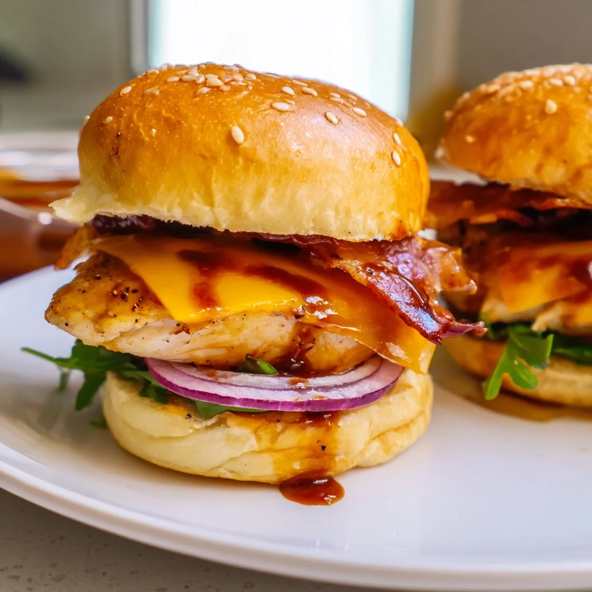 Maple chicken bacon sliders on golden buns with melted cheddar and fresh greens