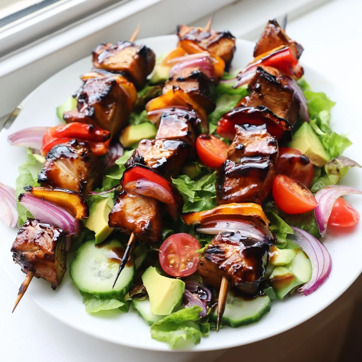 Smoky BBQ chicken skewers rest on crisp greens with colorful vegetables and tangy dressing