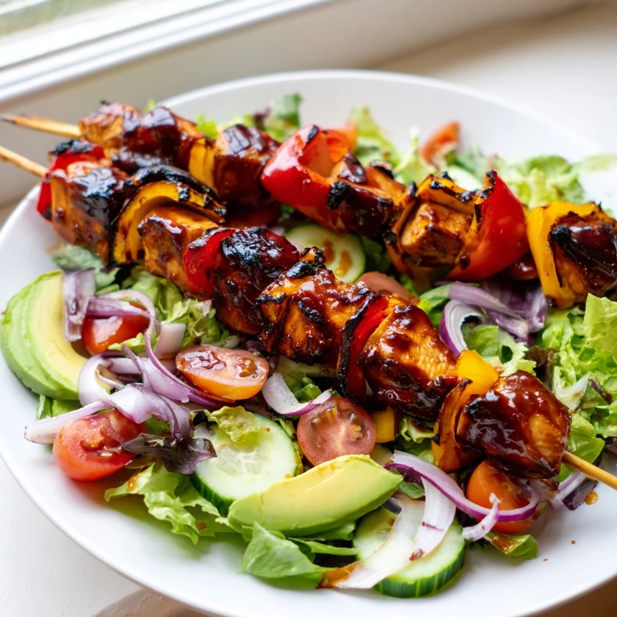 Charred BBQ chicken skewers served over a fresh summer salad with zesty vinaigrette
