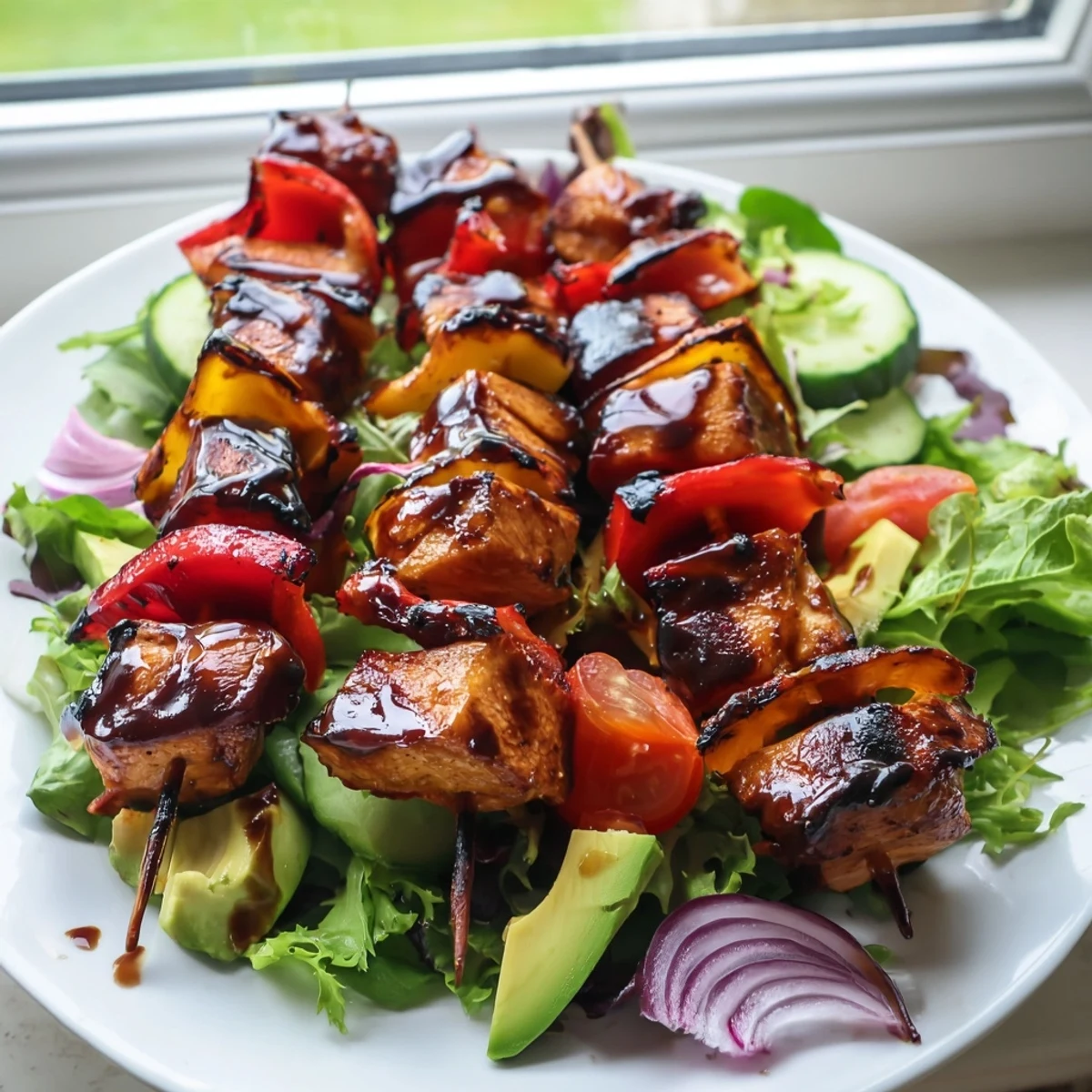 Juicy grilled BBQ chicken skewer salad topped with ripe avocado and cherry tomatoes