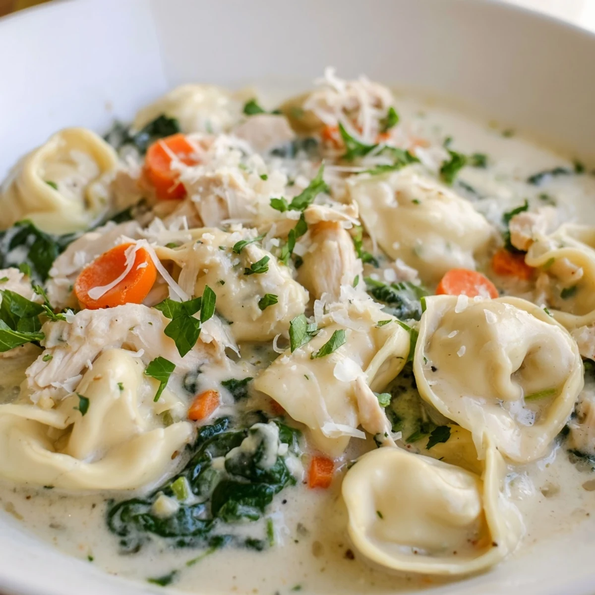 Creamy crockpot chicken tortellini topped with Parmesan and fresh parsley in a bowl