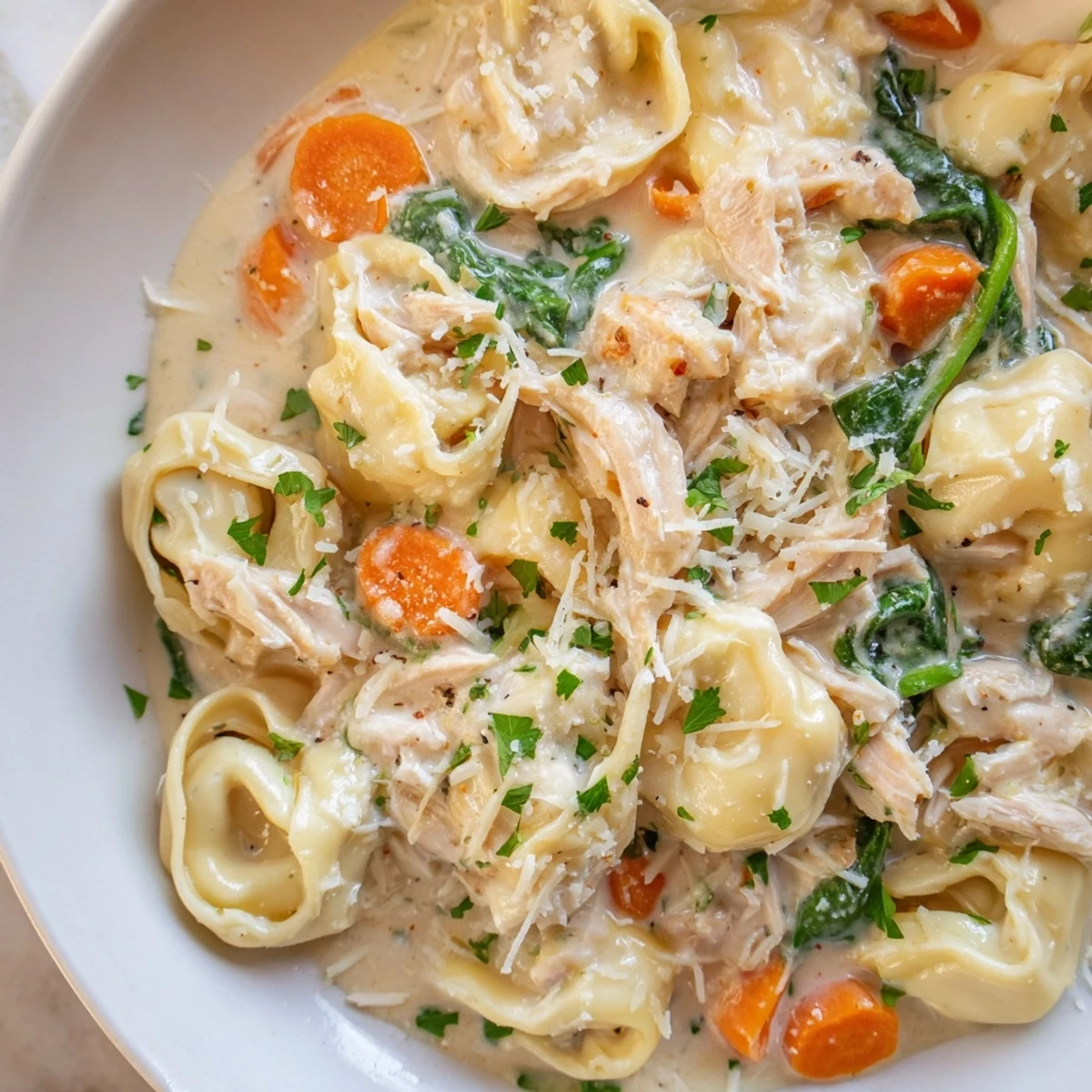 Crockpot chicken tortellini served steaming hot with wilted spinach and melted cheese throughout