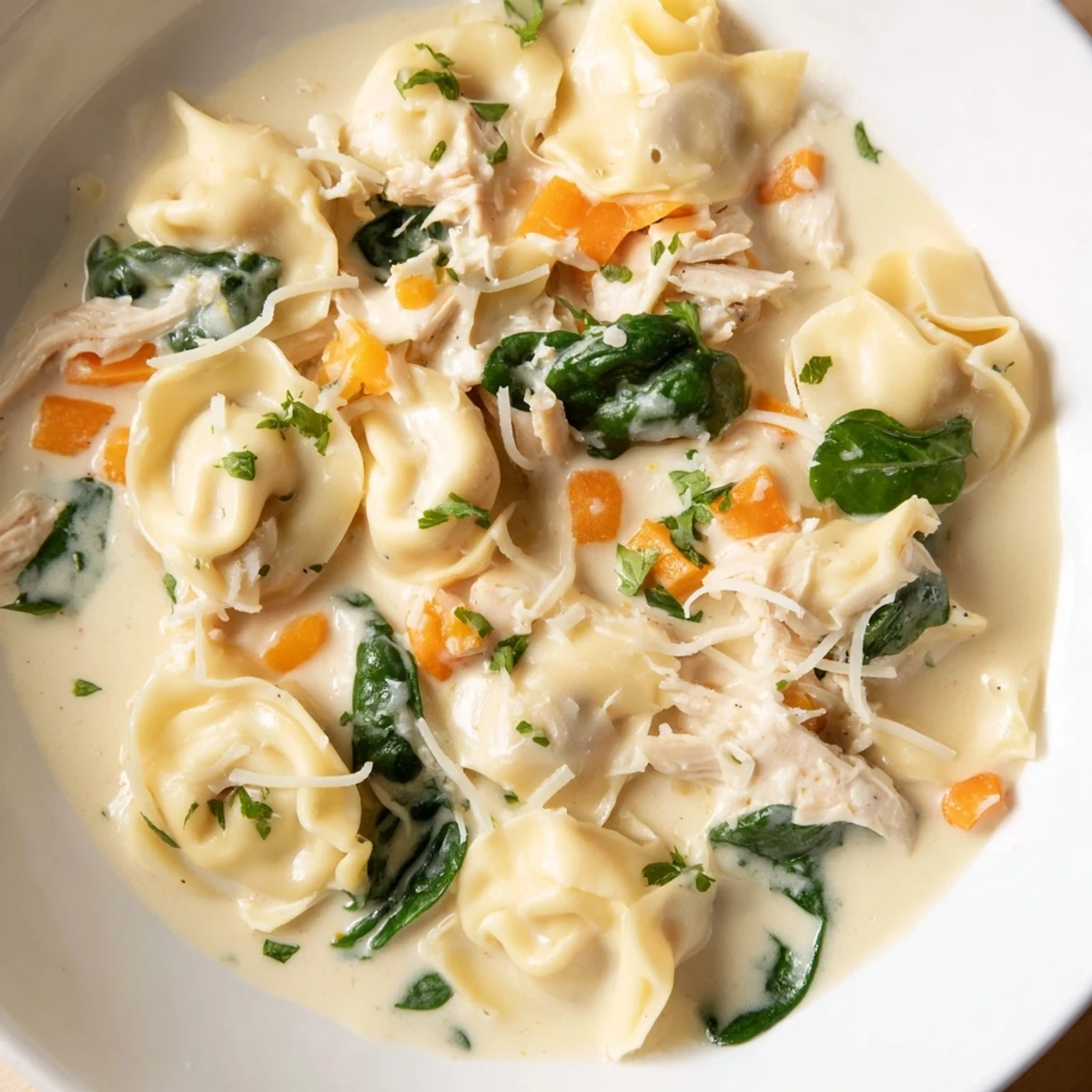 Slow cooker chicken tortellini with tender vegetables in a rich golden cream sauce