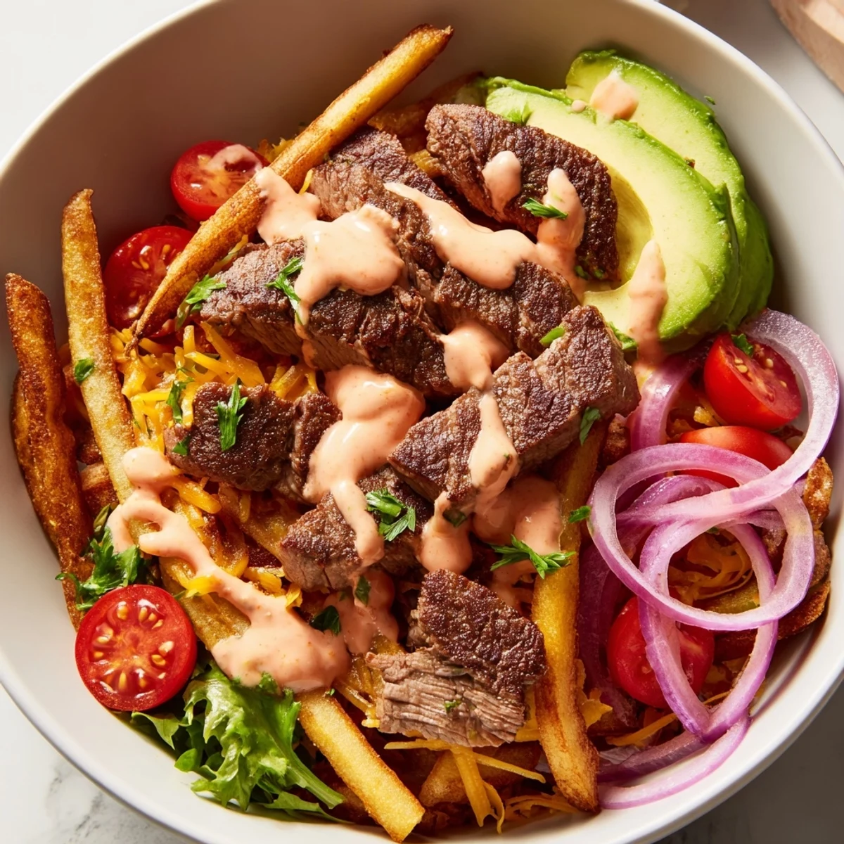 Golden fries and seared steak strips bowl finished with zesty mustard sauce