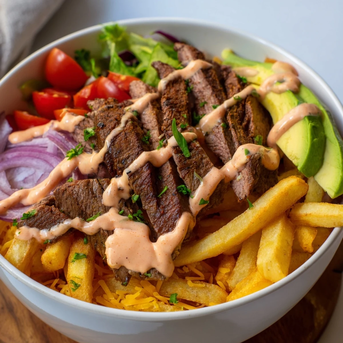Juicy steak strips and crispy fries bowl drizzled with smoky sauce