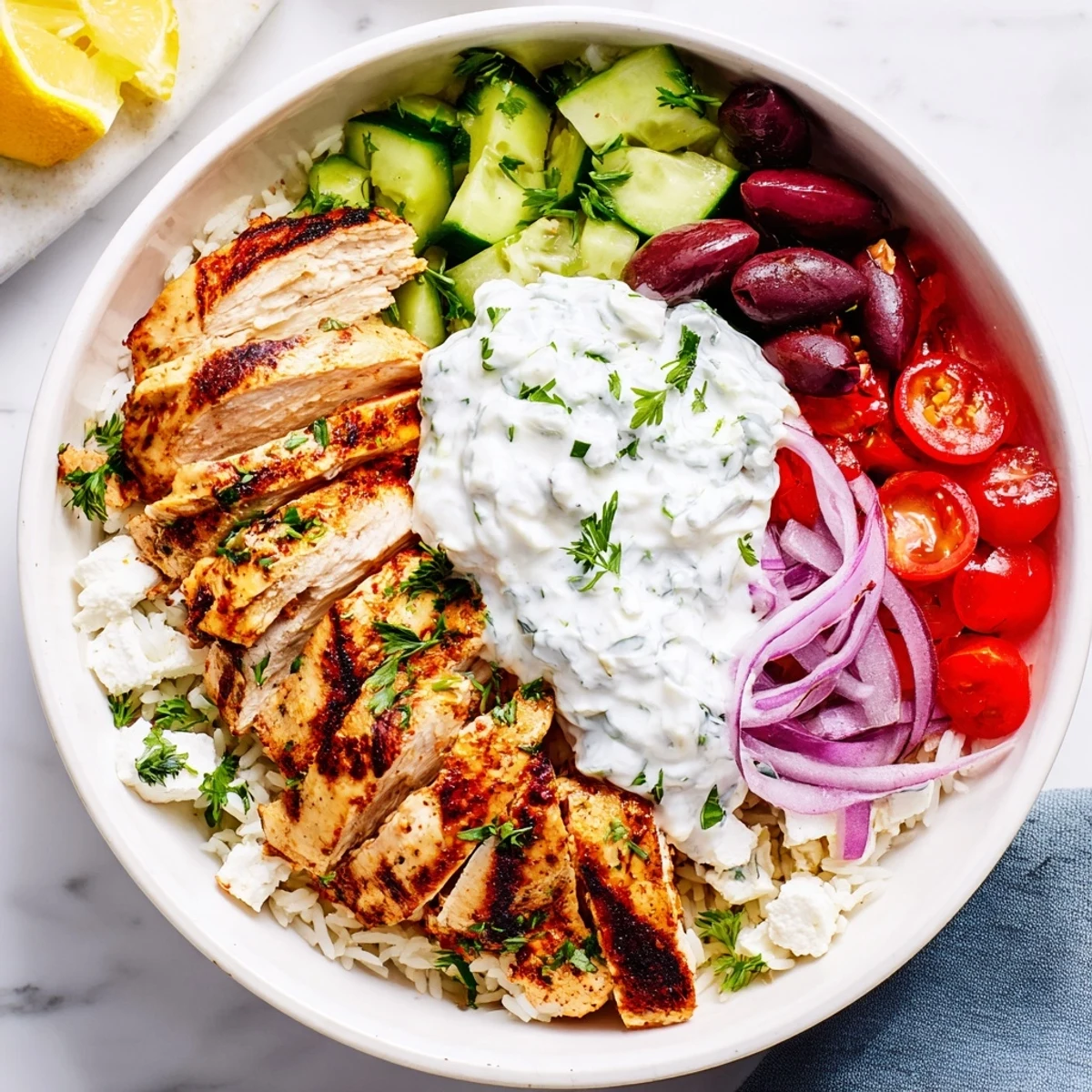 Juicy grilled Greek Chicken Bowls with crisp cucumbers, tomatoes, and creamy tzatziki