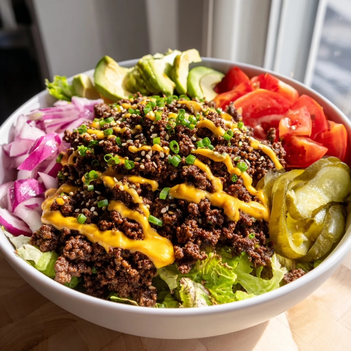 Colorful burger bowls featuring crispy lettuce, ripe avocado, and tangy dill pickle toppings