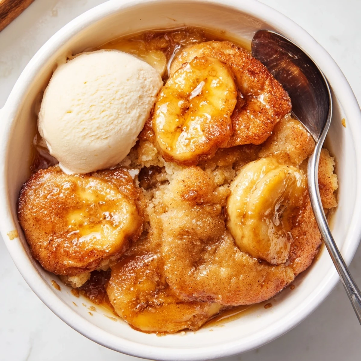 Golden Southern banana cobbler with caramelized fruit bubbling under a buttery crust